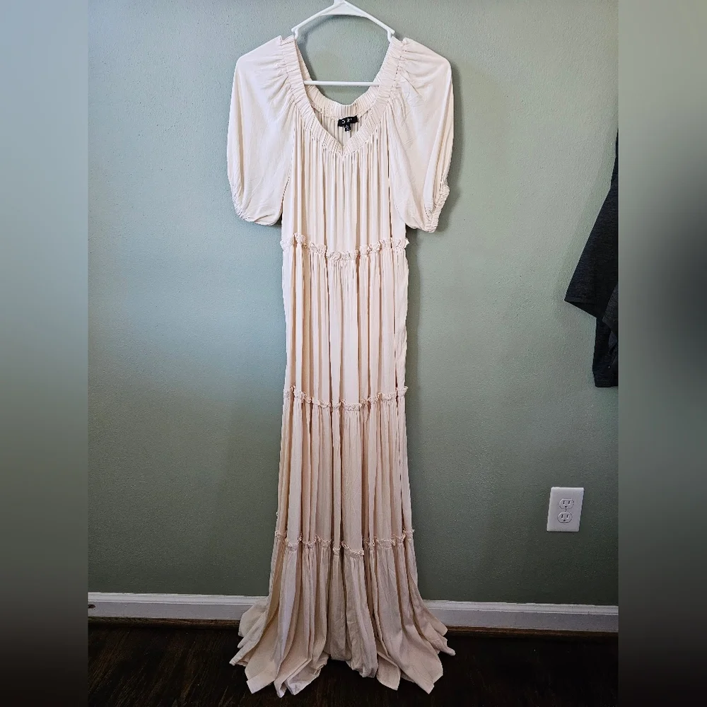 Pinkblush Cream Off-Shoulder Ruffle Tiered Maternity Maxi Dress